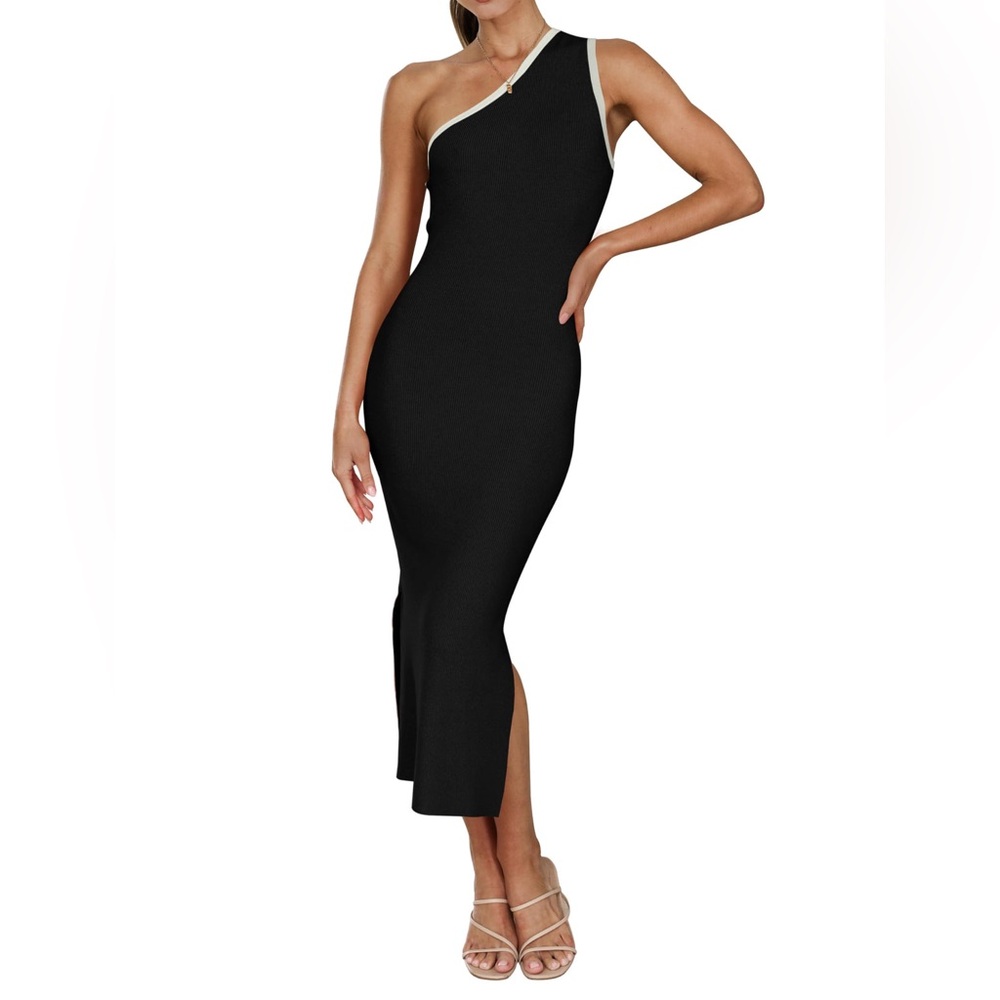 ZESICA ONE SHOULDER SLEEVELESS RIBBED KNIT SIDE SLIT MIDI DRESS